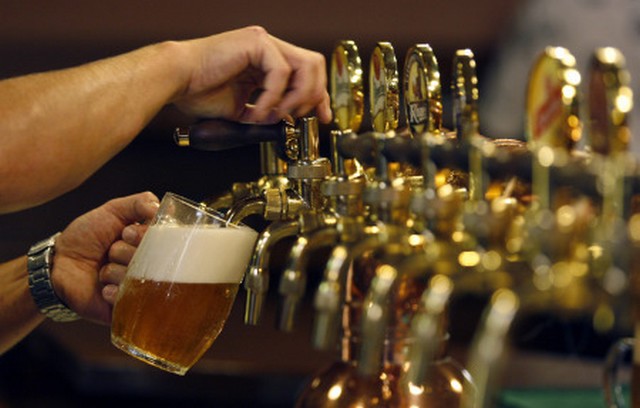 Csapolt cseh sört töltő bártender a Sheldon's pub pultjánál